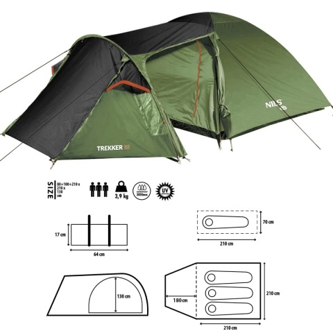 Namiot kempingowy 3-osobowy Nils Camp NC6312 Trekker - zielony - wymiary