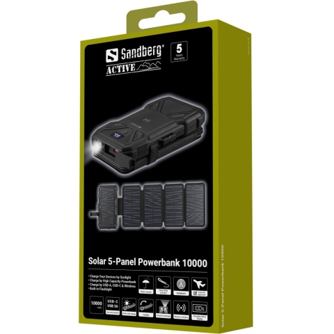 Powerbank solarny Sandberg Solar 5-Panel 10000 z ładowaniem indukcyjnym - opakowanie Powerbank solarny Sandberg Solar 5-Panel 10000 z ładowaniem indukcyjnym - opakowanie