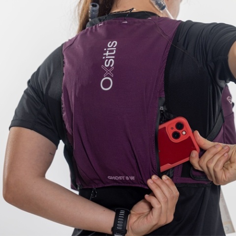 Kamizelka biegowa damska Oxsitis Ghost 8 - plum - kieszeń na zamek z tyłu